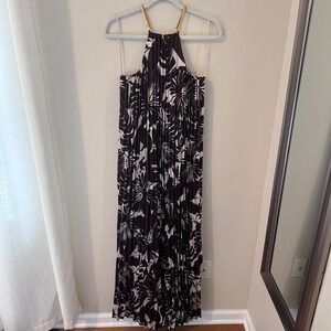 Trina Turk Maxi Dress Halter Pleated Palm Print Gold‎ Detail Size S